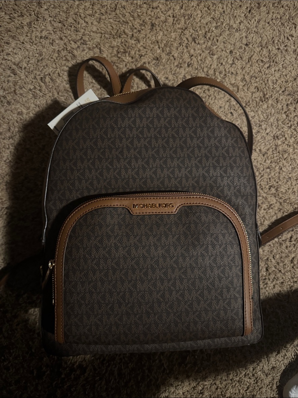 Michael Kors Dark Brown Logo Backpack with Tan Trim